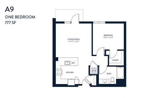 Floor plan for 1 bed, 1 bath, 777 sqft